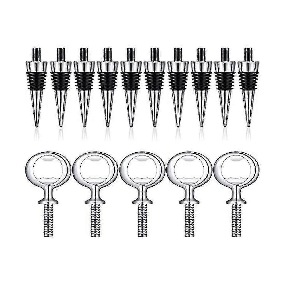 10-Piece Wine Stoppers and 5-Piece Blank Bottle Openers Set for Wedding Favors in Silver - Reusable Cork Stoppers and Customizable Openers