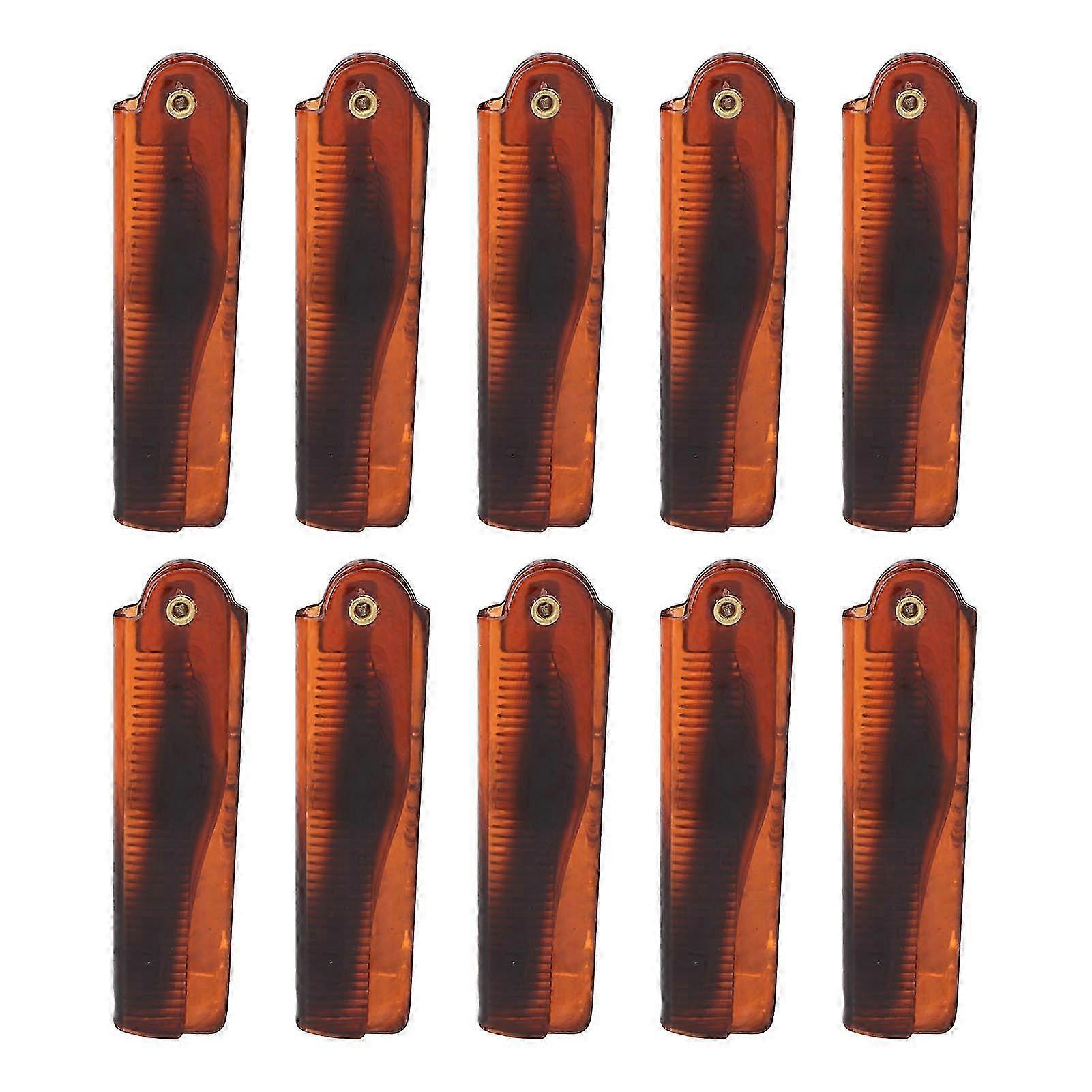 10 Pcs Folding Pocket Comb Hand Made Folding Knife Type Fine Tooth Brown Comb Gold Buckle Small Comb for Men--1