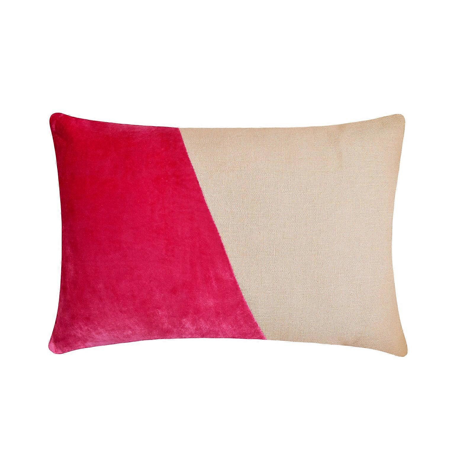 HomeCentric Decorative Fuchsia Pack of 2, 12"x14" Lumbar Pillow Cover, Velvet & Linen, Patchwork Pattern Modern Style - Velutinous Fuchsia