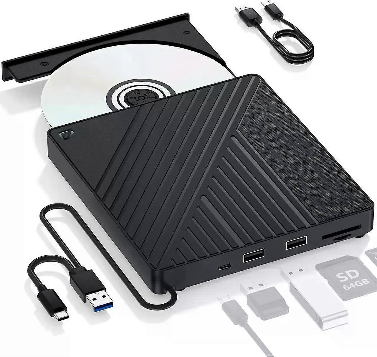 Ultra-Portable 5-in-1 External Blu-ray Drive: USB 3.0 & USB-C DVD/CD Burner, BD Reader with Dual USB-A Ports & SD/TF Card Readers  Seamless Laptop/PC