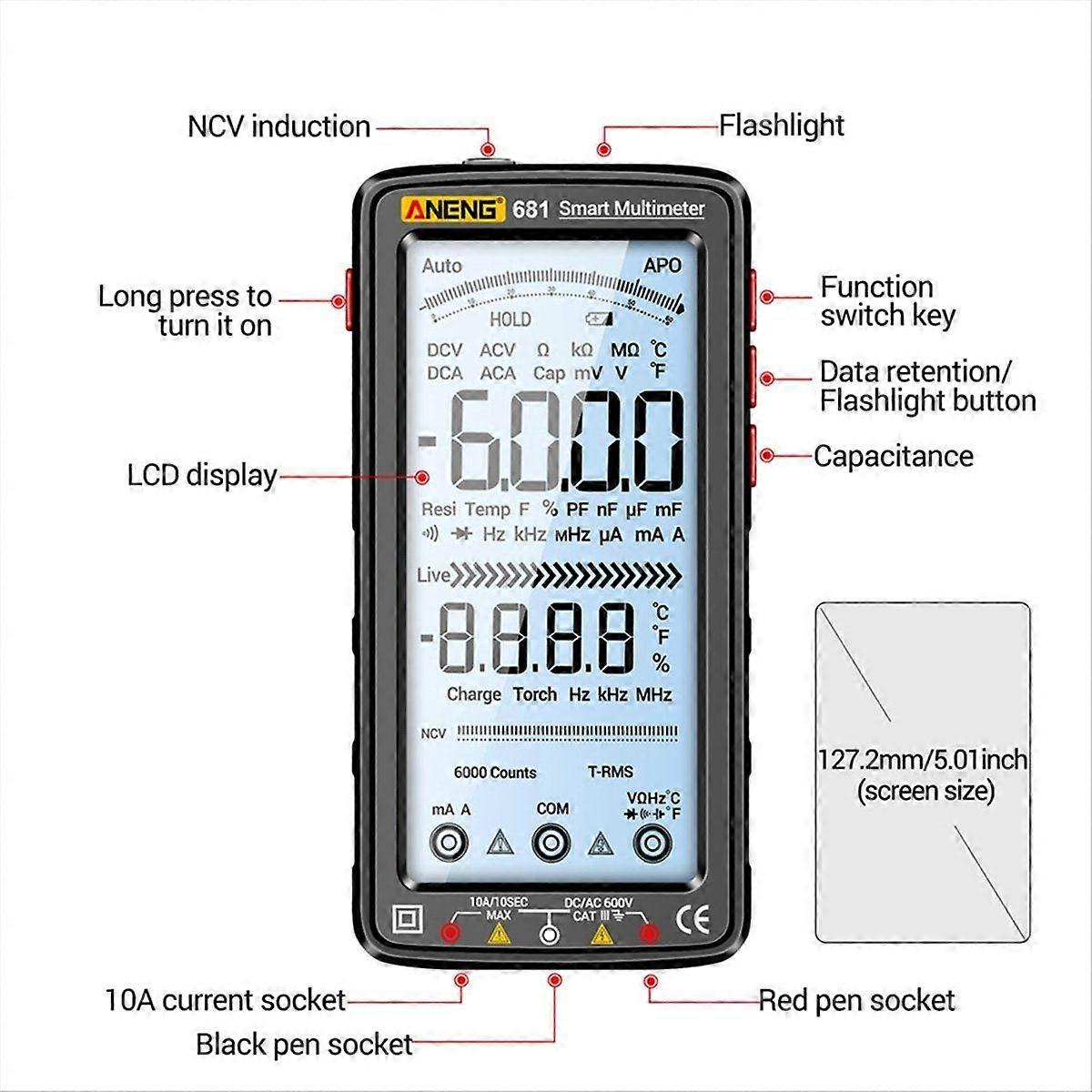 ANENG 681 Digital Multimeter Non-Contact Voltage Tester Black
