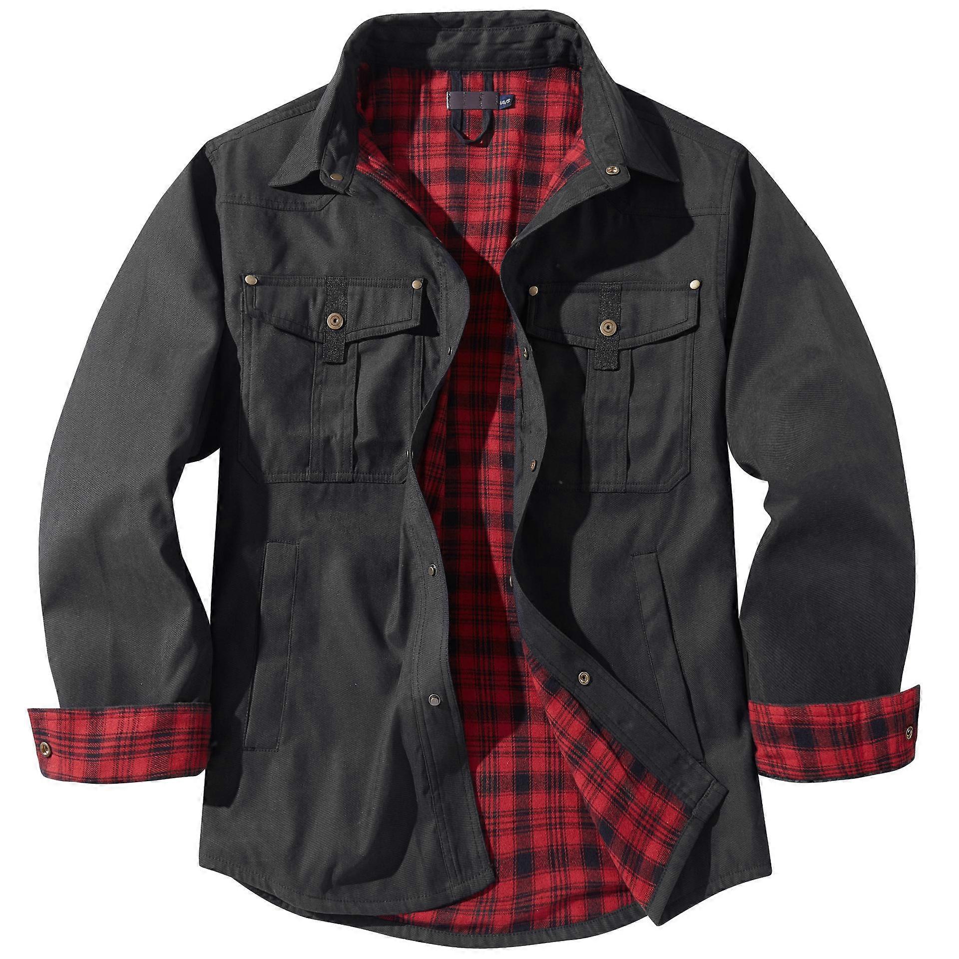 Men's Long Sleeve Shirt Jacket with Plaid Lining, Multiple Pockets, Button Front, Fall Winter Coat