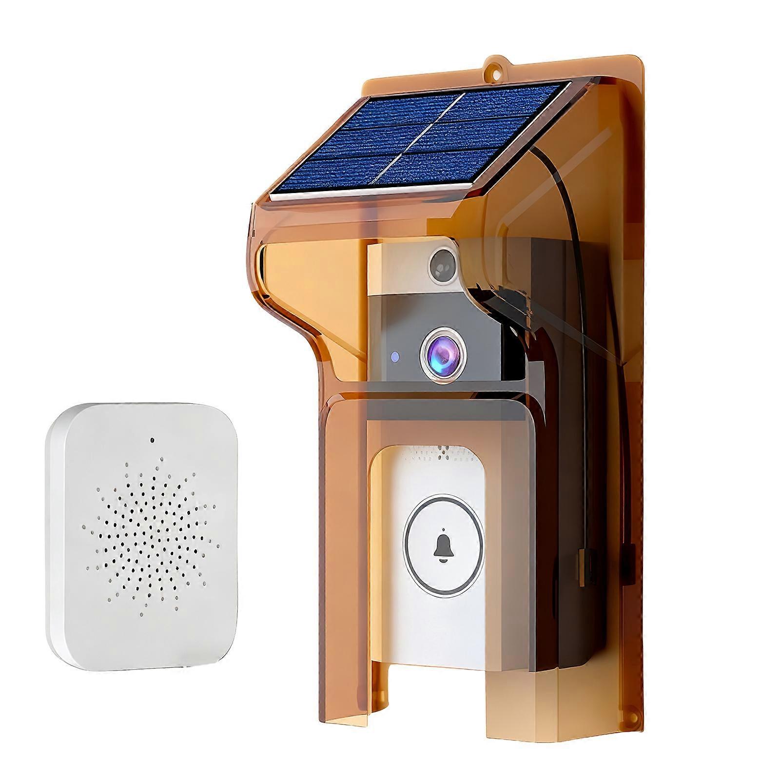 Solar Powered Weatherproof Wireless Video Doorbell With High Definition Camera Night Visibility And ABS Housing For Home Security  Brown..
