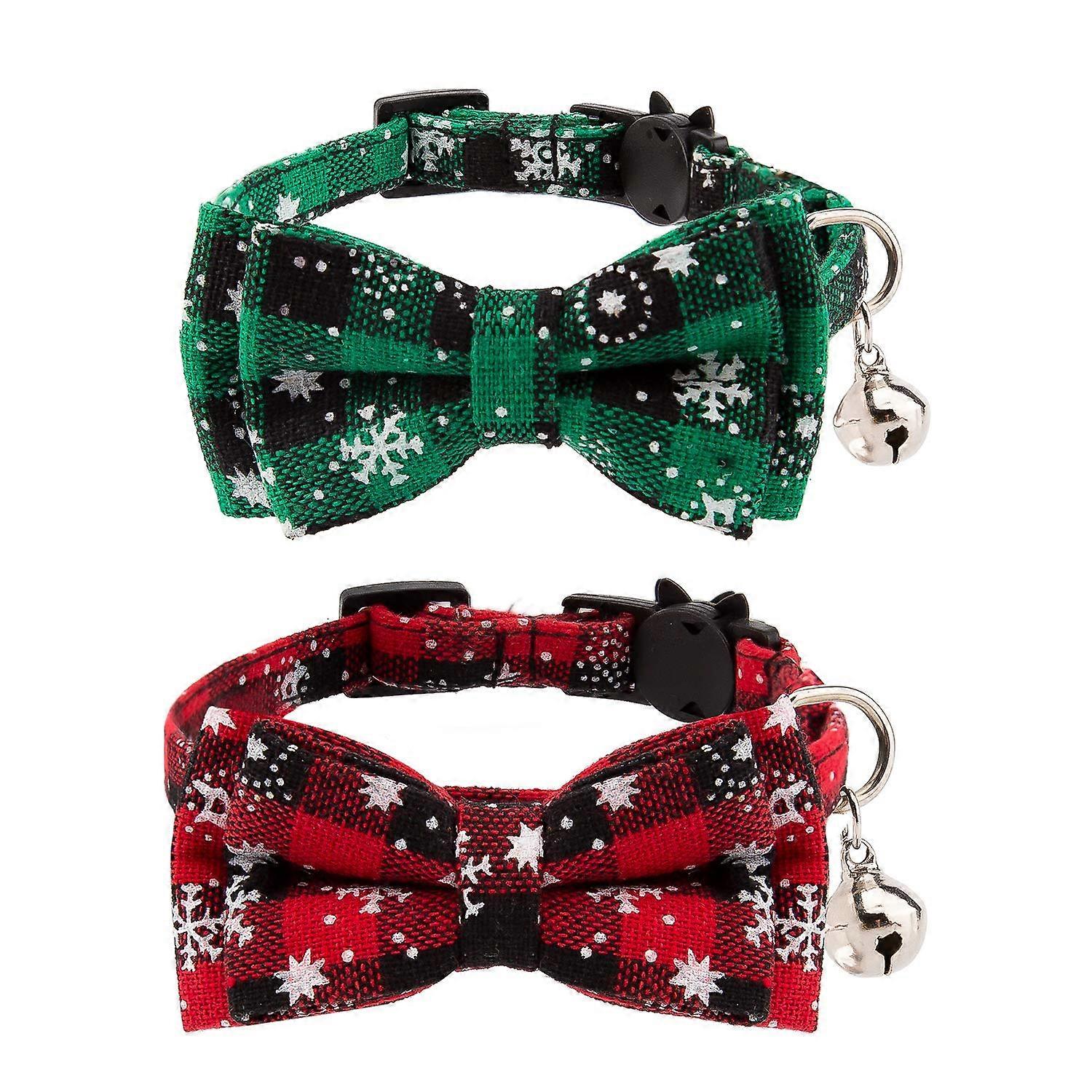 Set of 2 Christmas Checkered Cat Collars, Removable Cat Ties with Bow and Bells, Adjustable Collars for Cats, Kittens and Puppies