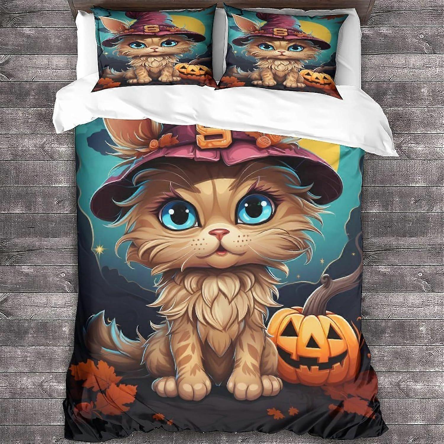 LikeEj 3 kusy kočičí povlečení 3D zvířecí tištěné halloweenské téma povlečení přikrývka povlak na přikrývku se zapínáním na zip, povlečení z mikrovlákna dvojité