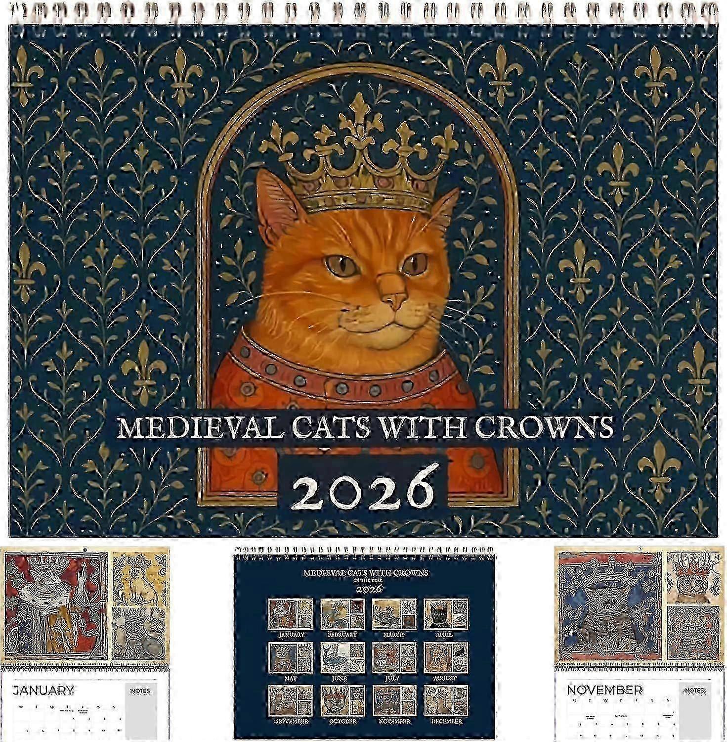 Medieval Cats With Crowns Calendar 2026, Medieval Cats Calendar 2026, Each Month Showcases A Noble Cat Wearing A Crown, Enjoy A Full Year of Medieval