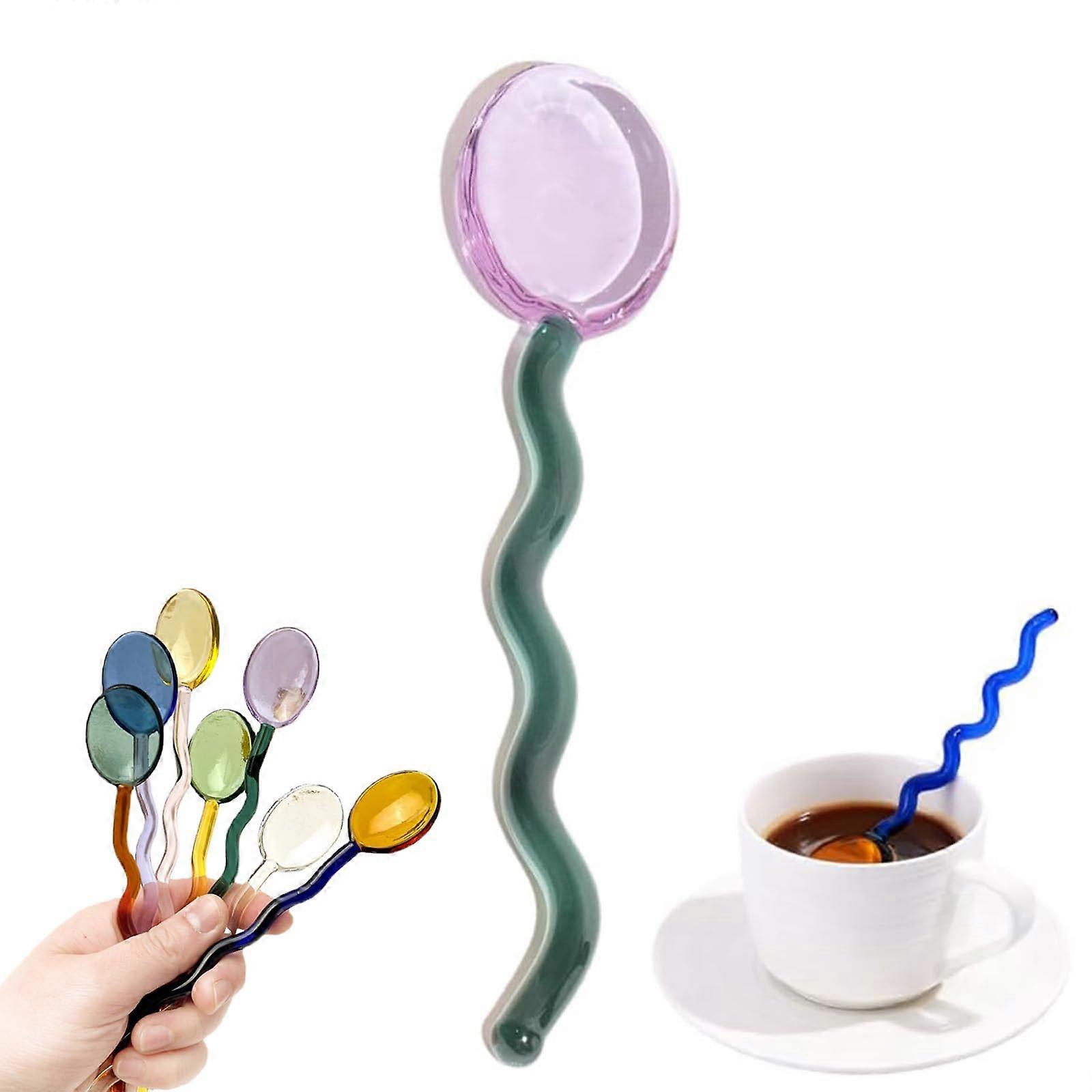 Glass Coffee Spoons Borosilicate Heat Resistant Colorful Wavy Design Long Handle Dessert Stirrer