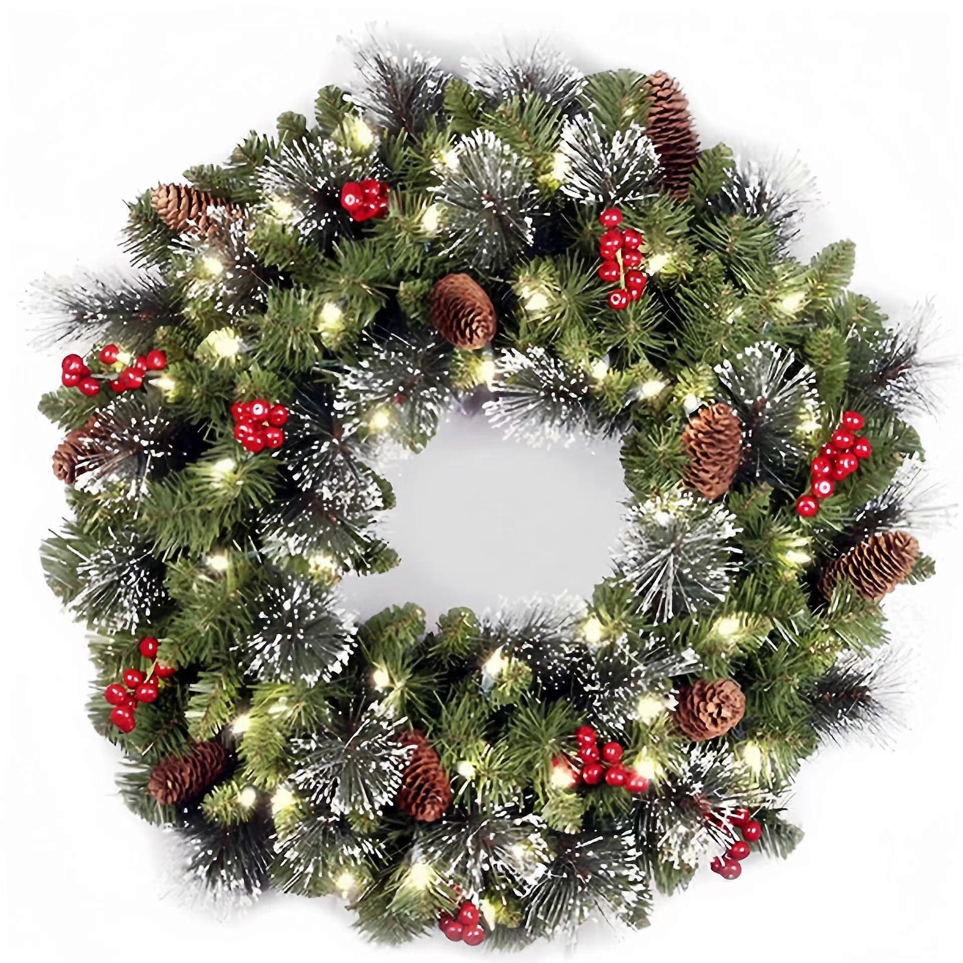Artificial Christmas Wreath with Warm White LED Lights Pine Cones Berries Frosted Branches for Door