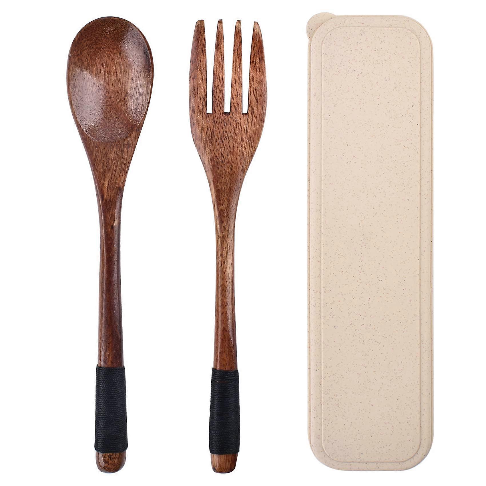 Wooden Cutlery Set Spoon and Fork with Case, Reusable EcoFriendly Utensils for Travel Camping