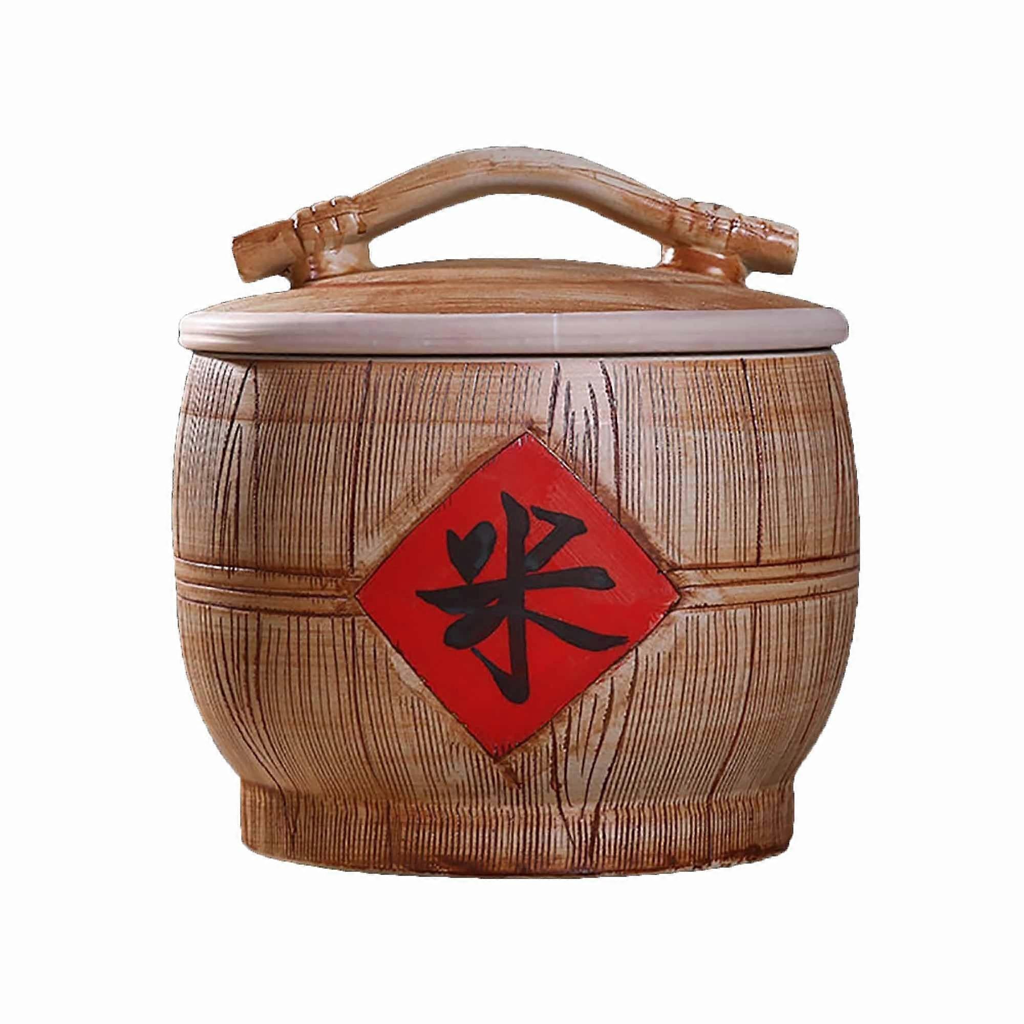 Large Ceramic Rice Storage Container with Lid, MoistureProof Handmade Grain Jar, Brown 32x33cm