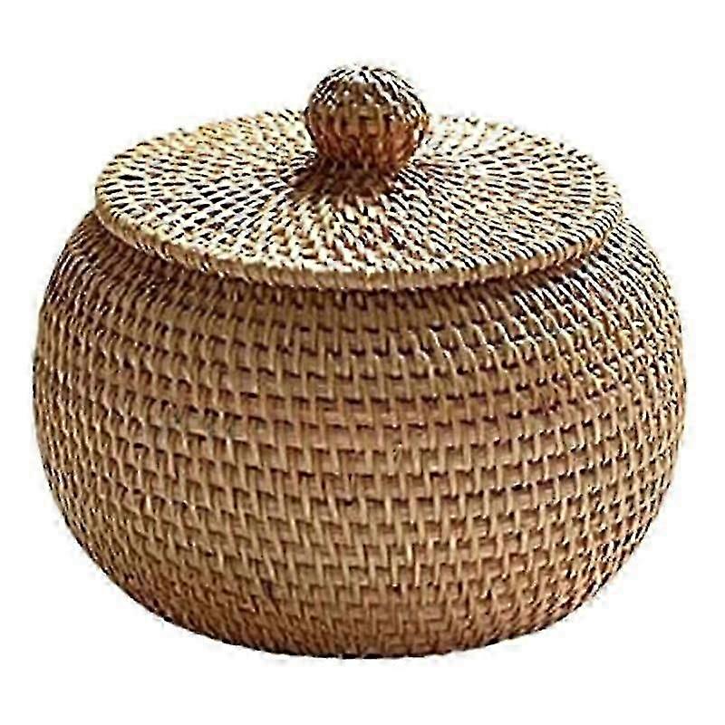 Round Rattan Box with Lid, Hand Woven Storage Box, Multifunctional Desktop Tray Storage Basket Decoration suitable for Home