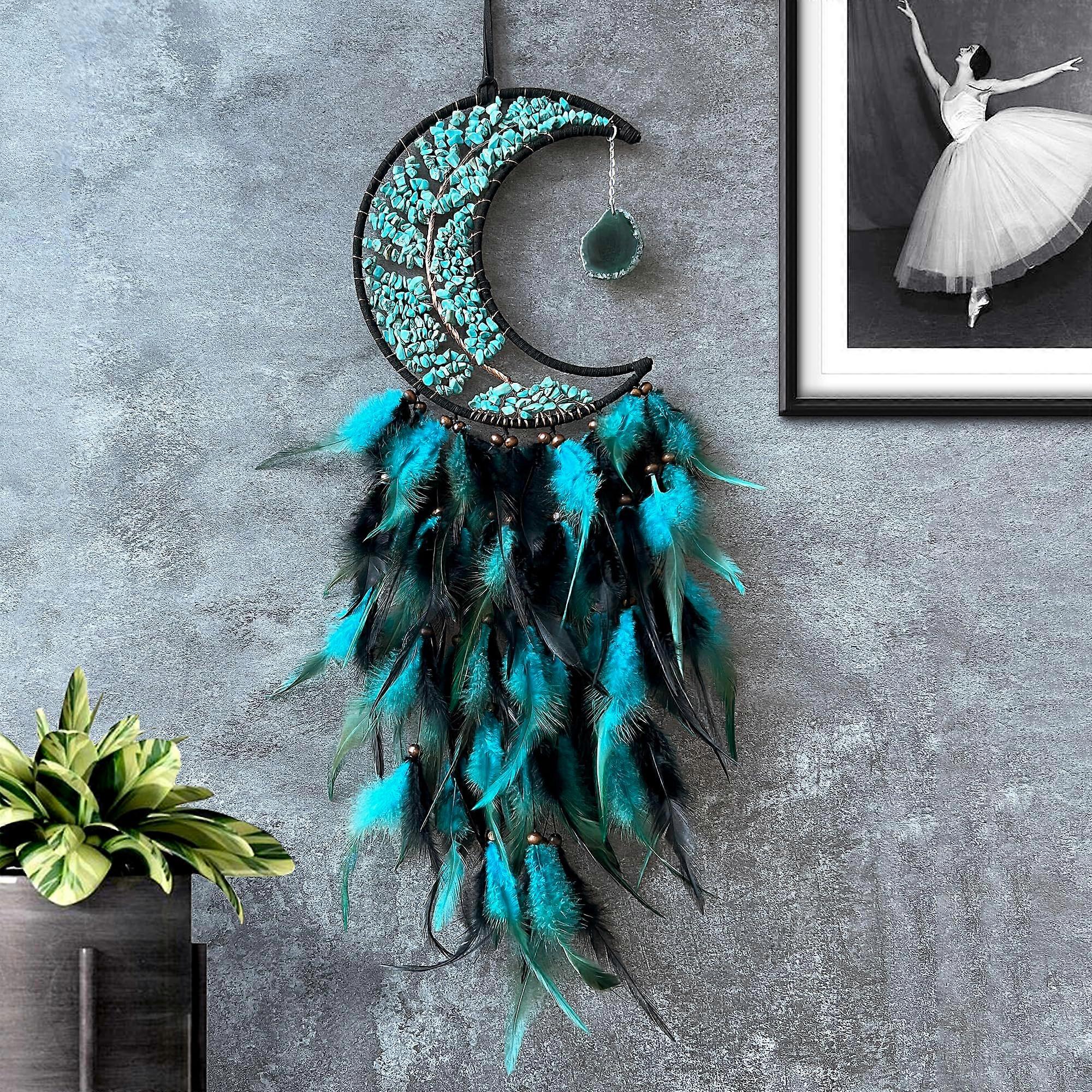 Dreamcatcher Tree of Life Wall Hanging with Seven Chakra Gemstones and Agate Moon Decor Green