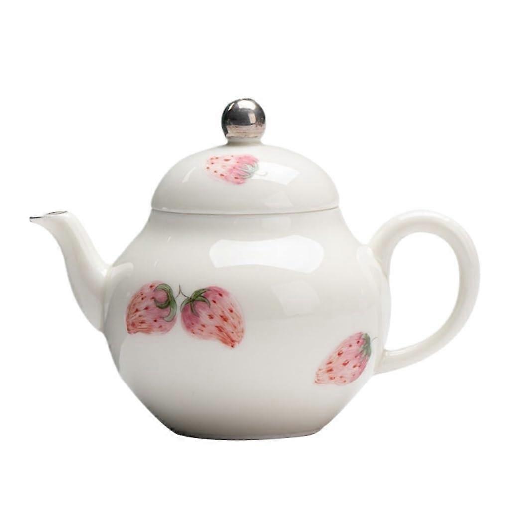 Handmade Ceramic Teapot with Filter, Overglazed HandPainted Strawberry Design, Elegant Long Handle