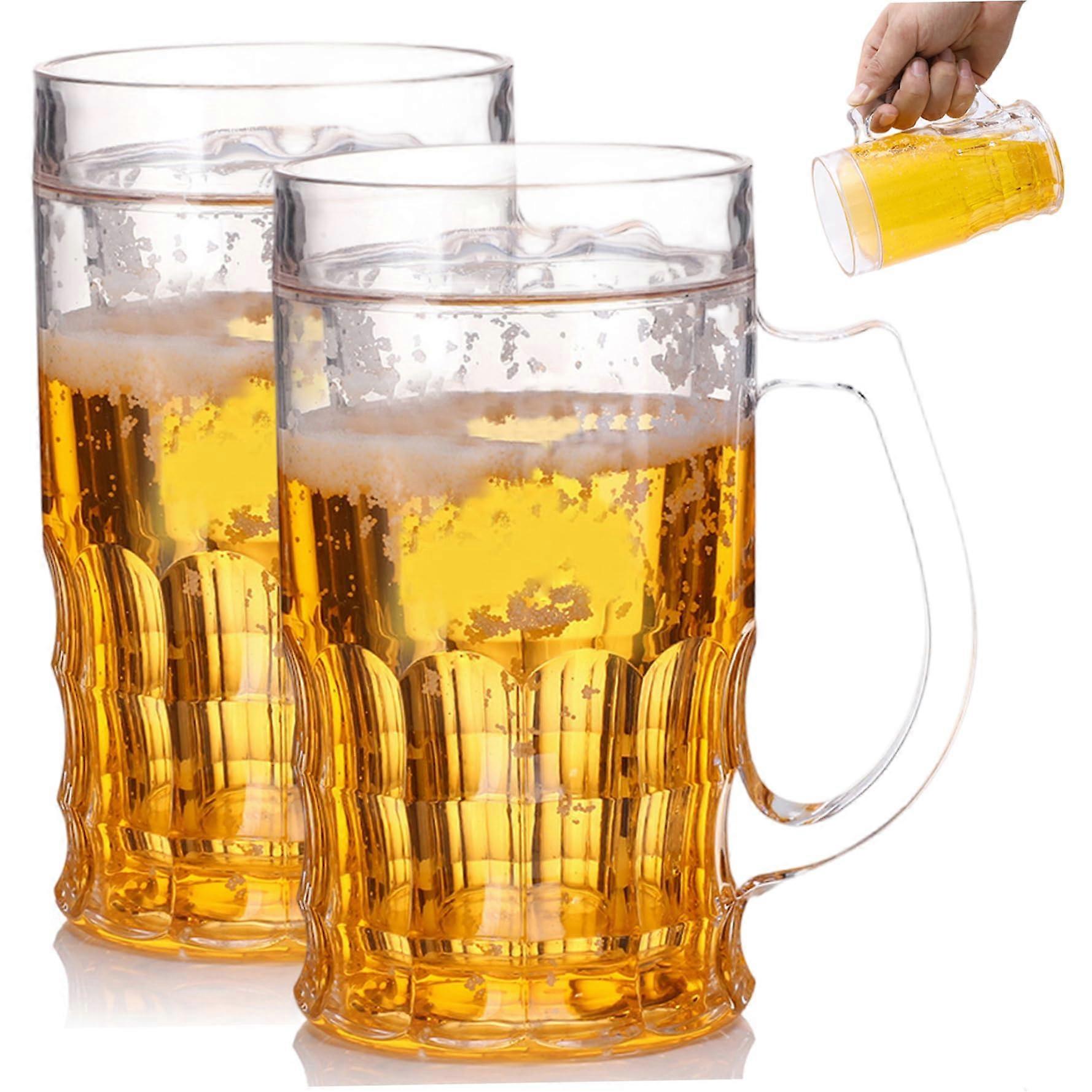 Plastic Beer Mugs Set 2pcs Double Layer Glasslike Design BreakResistant Steins with Handle for Parties