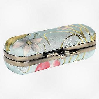 Porta-batom portátil com espelho e design vintage bordado para itens essenciais de maquiagem.