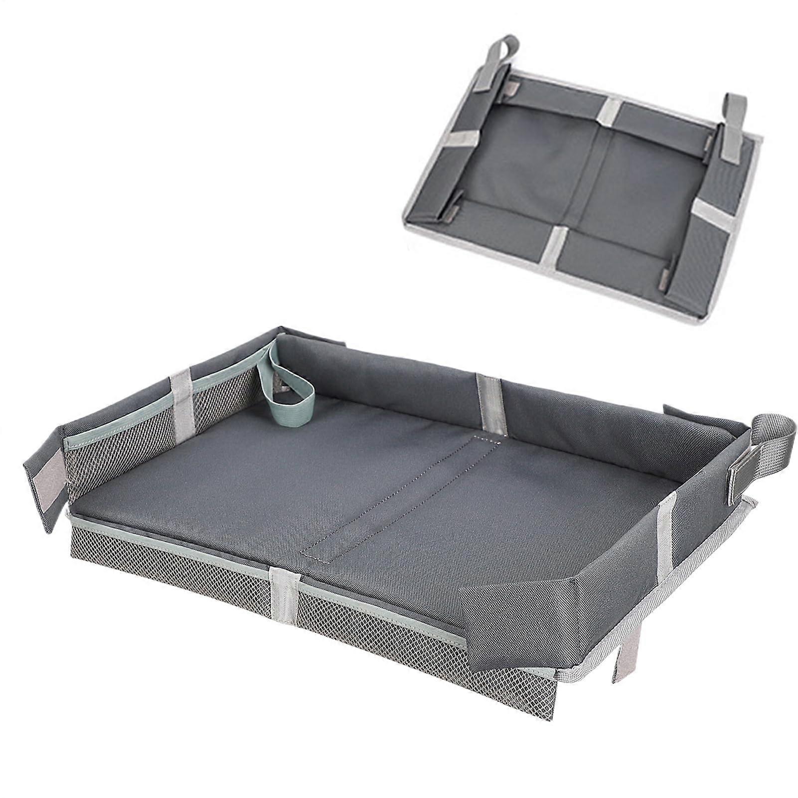 Airplane Tray Table Cover with Pockets for Kids Travel, Foldable Polyester Protector with Strap Fit