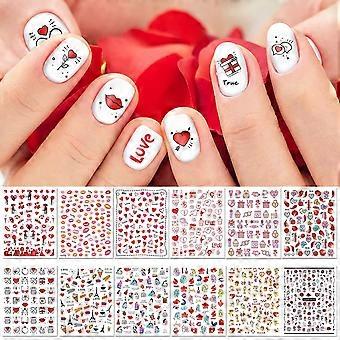 Valentinstag Nagelaufkleber, 12 Blatt selbstklebend abstraktMinimalistische Nailart Aufkleber für DIY Nageldekorationen, großes Musterdesign für GraffitiK