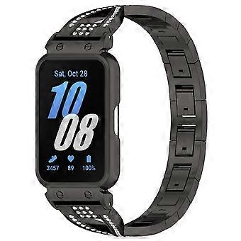 For Samsung Galaxy Fit 3 Stainless Steel Diamond Design with Integrated Case Replacement Bracelet Black