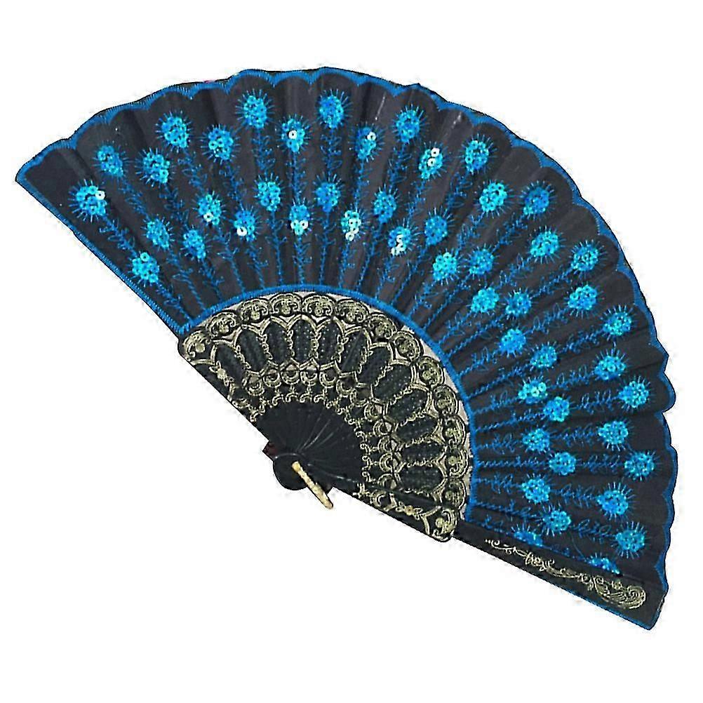 Sequin Hand Fan, Foldable, Plastic, For Performance Stage Show, Sky Blue