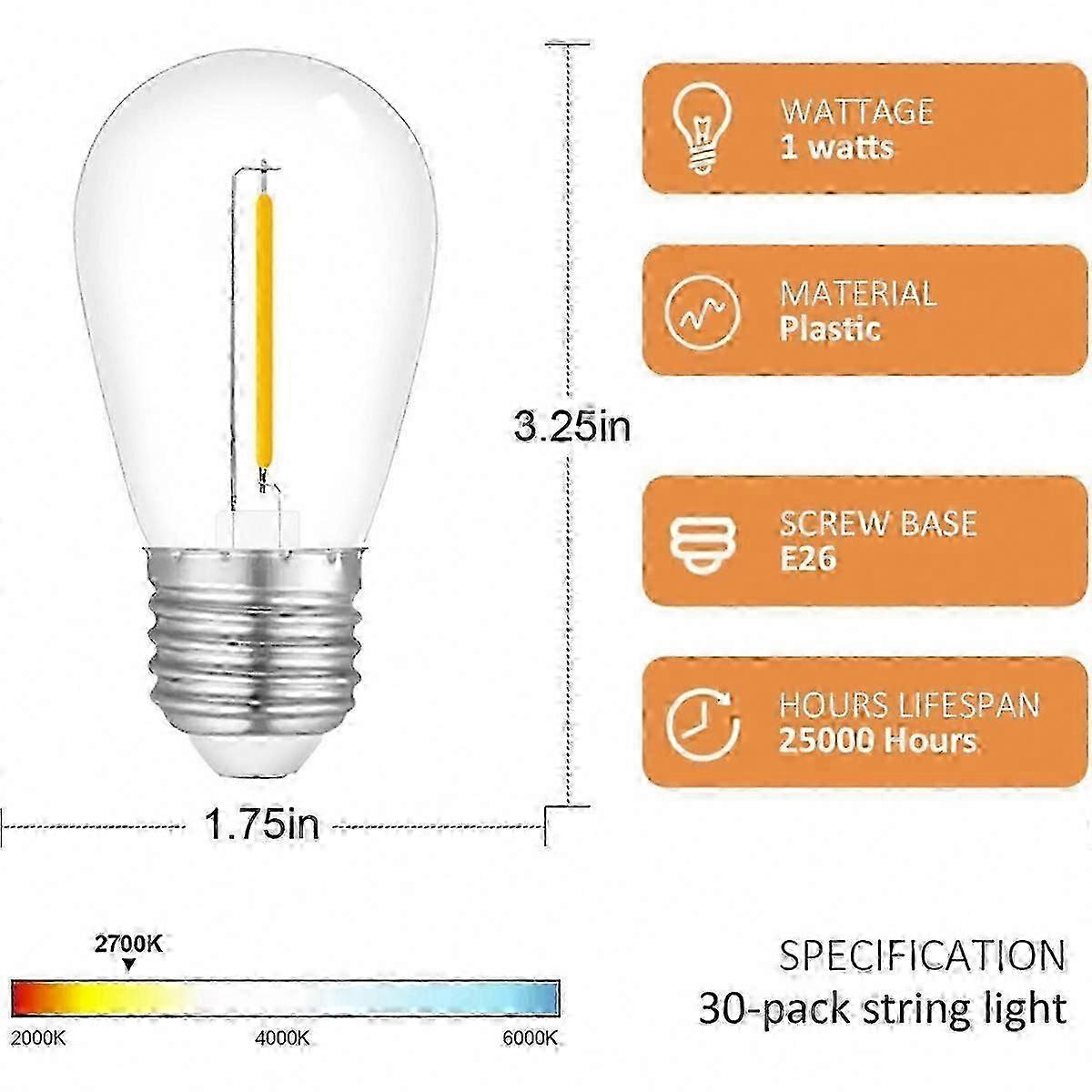 Outdoor String Light Bulbs, 30-Pack S14 E26 Base Warm White, Waterproof Replacement Edition 0708