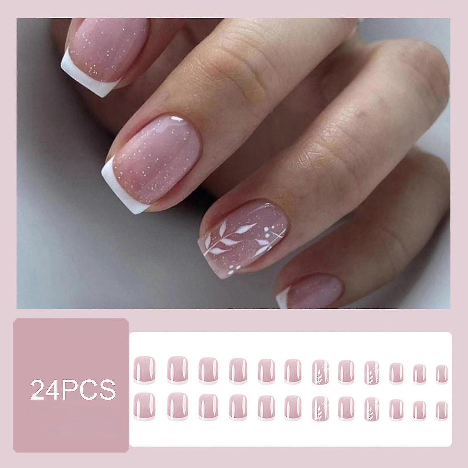 24PCS Glossy Leaf Pattern French Press On Nails
