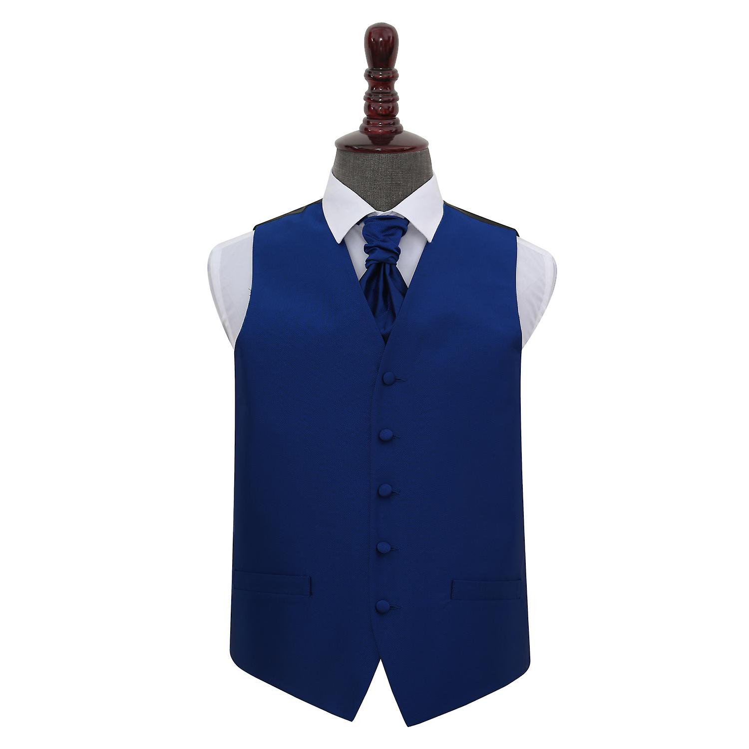 Royal Blue Solid Check Wedding Waistcoat and Cravat Set