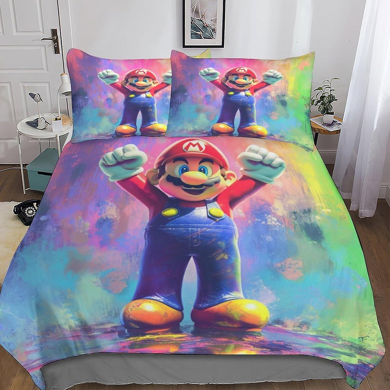 DSJackson Mario Bros Stylish Quilt Cover Set with Hidden Zipper Closure - Trendy Microfiber Cartoon Bedding with 3D Print, 3-Piece Set with Pillowcase