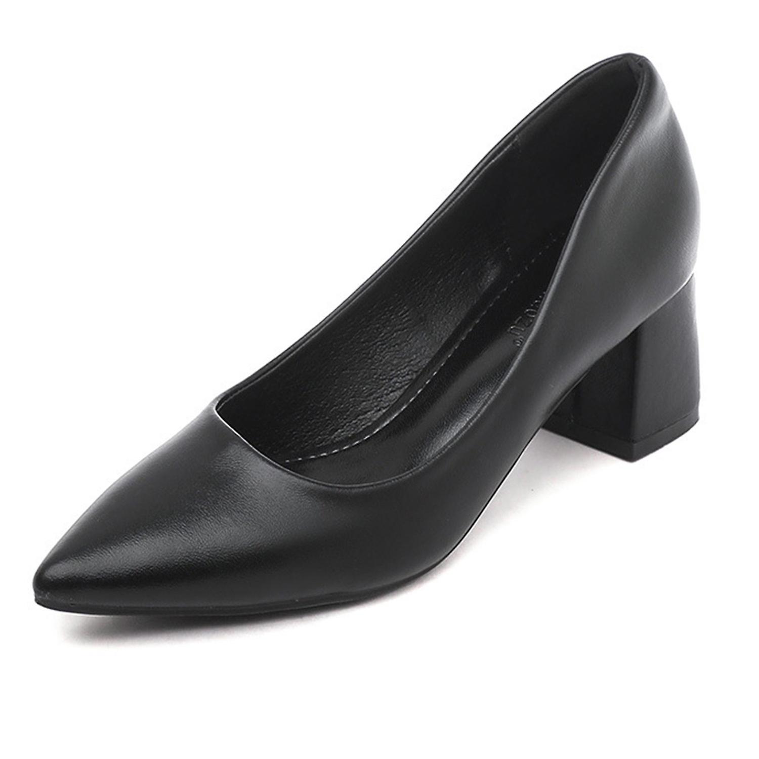 Women Pointed Closed Toe Slip On Block Heel Pumps Shoes Fashion