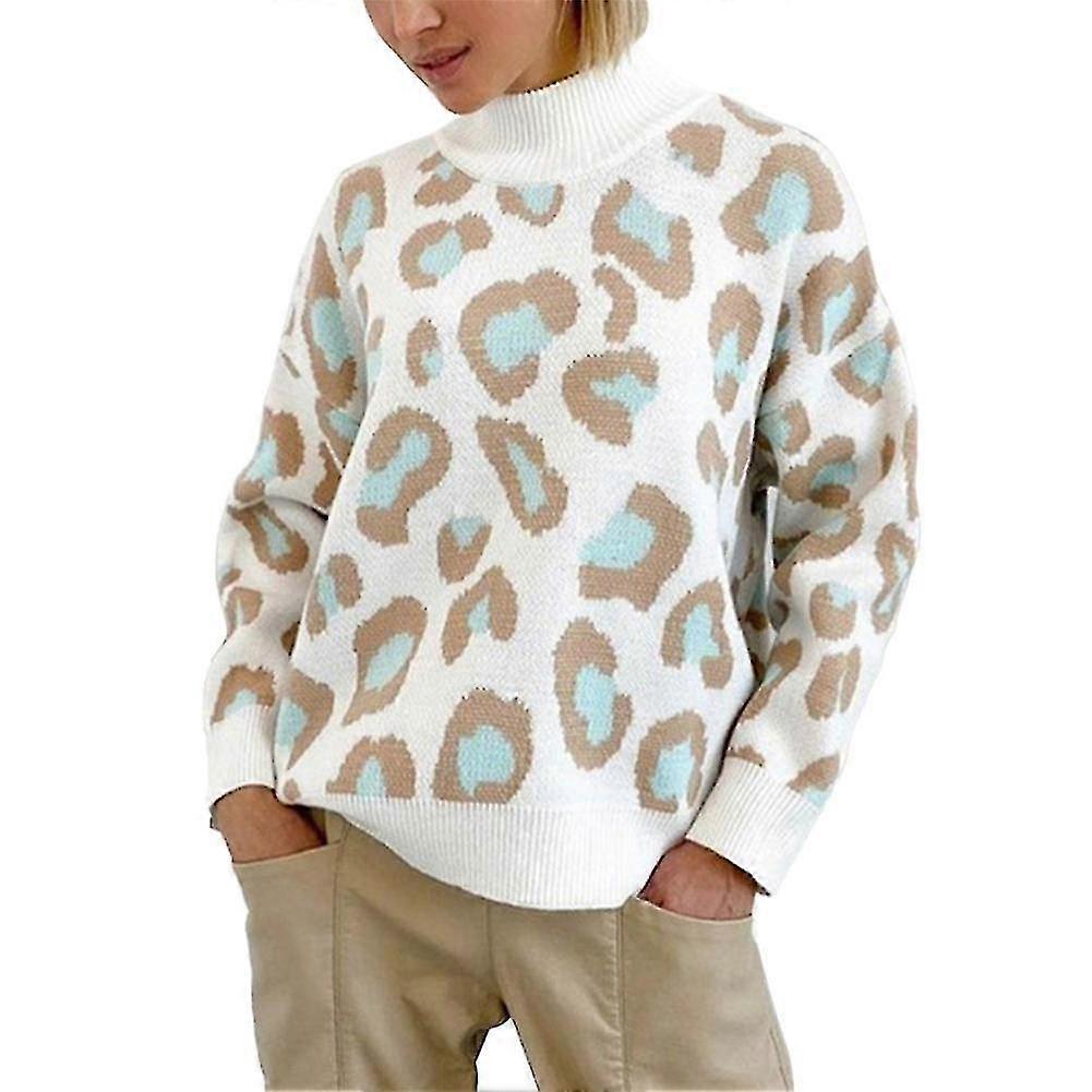 Pull Hiver Femmes Léopard Print Basic Col Roulé Oversize Jumper Vintage Pull Chaud#vert