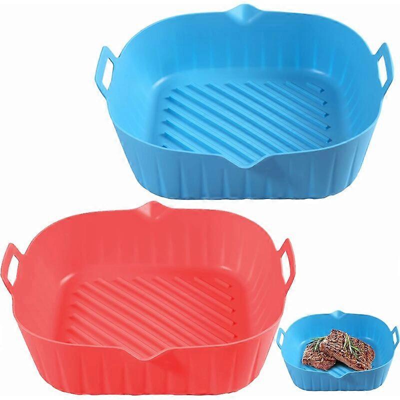 Set of 2 Silicone Air Fryer Pots, Square Silicone Air Fryer Basket, Reusable and Food Safe (Blue + Red)
