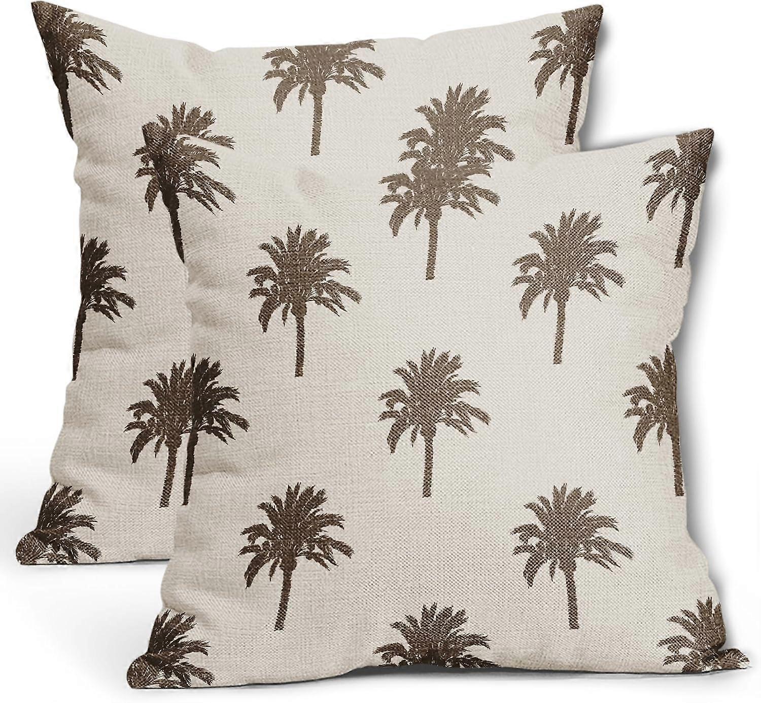 茶色のヤシの木の枕カバー18X18インチ熱帯のココナッツの木沿岸の植物装飾的な枕カバー2つの夏のレトロなコットンリネンスロー枕のセット