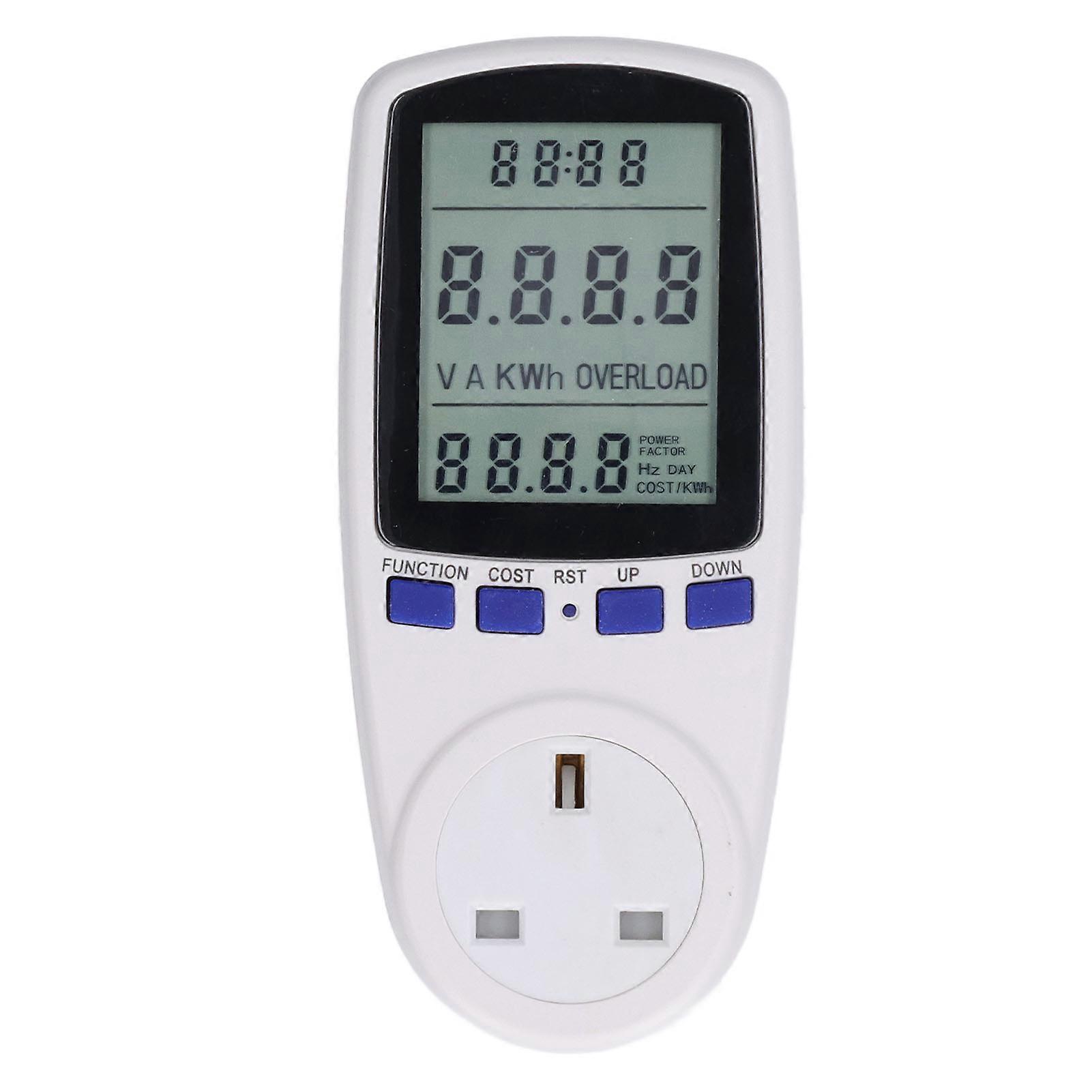 Power Meter Plug with Battery LCD 7 Display Modes Electricity Usage Metering Monitor UK Plug 230V