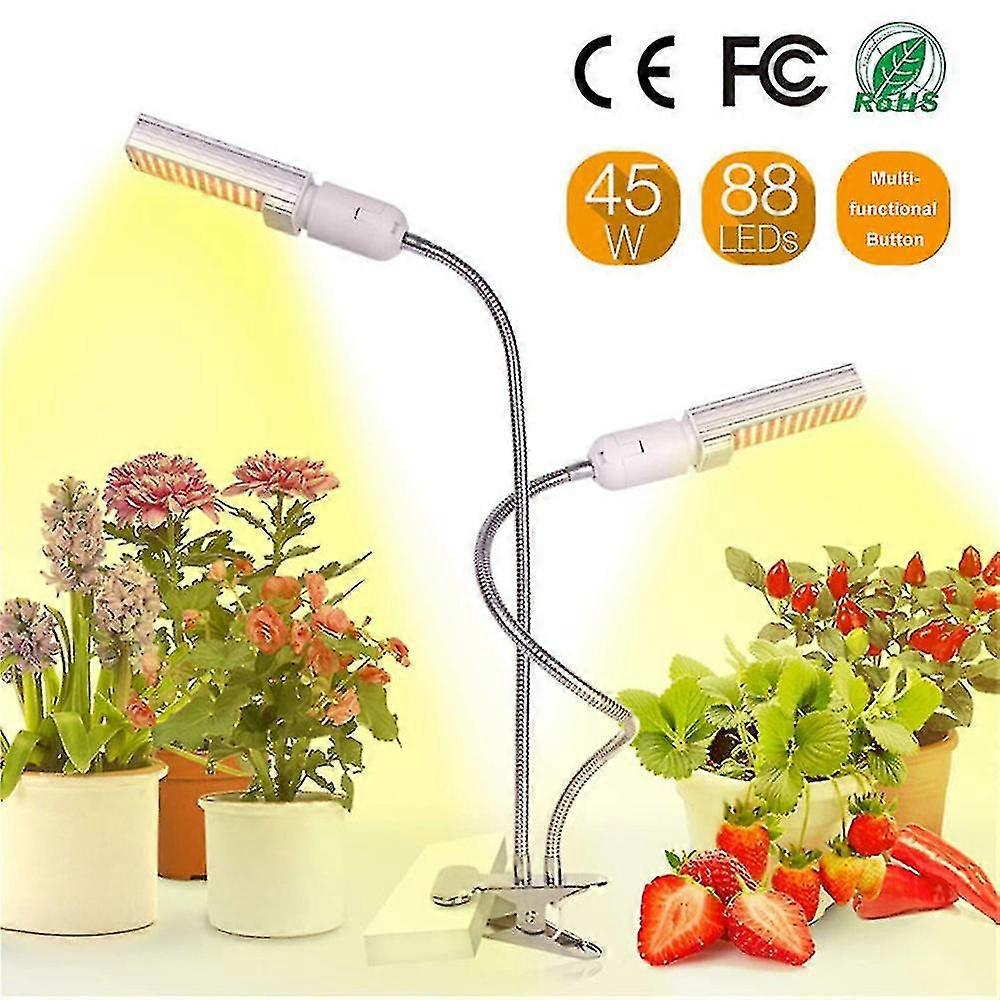 Led Växa ljus för inomhusväxt Solliknande Full Spectrum Plant Grow Led Bulb E26/27 45w Timer Funktion Dual-head Gooseneck Strong Clip Utbytbara glödlampor