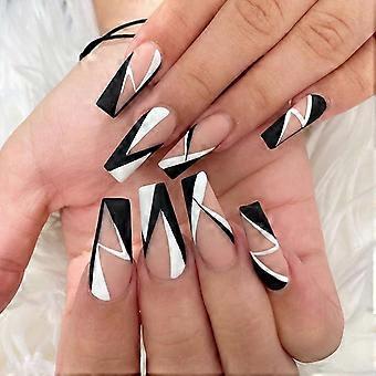 24 Pcs Square False Nails Medium, French Acrylic Press on Nails, Stylish Nude Coffin Fake Nails with glue on Nails