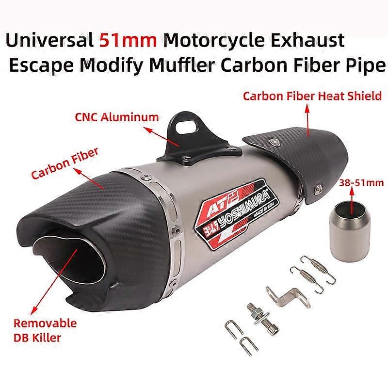 Universal 51mm Yoshimura AT2 Motorcycle Exhaust Escape Modify Carbon Fiber Pipe Muffler Removable DB Killer With Heat Shield