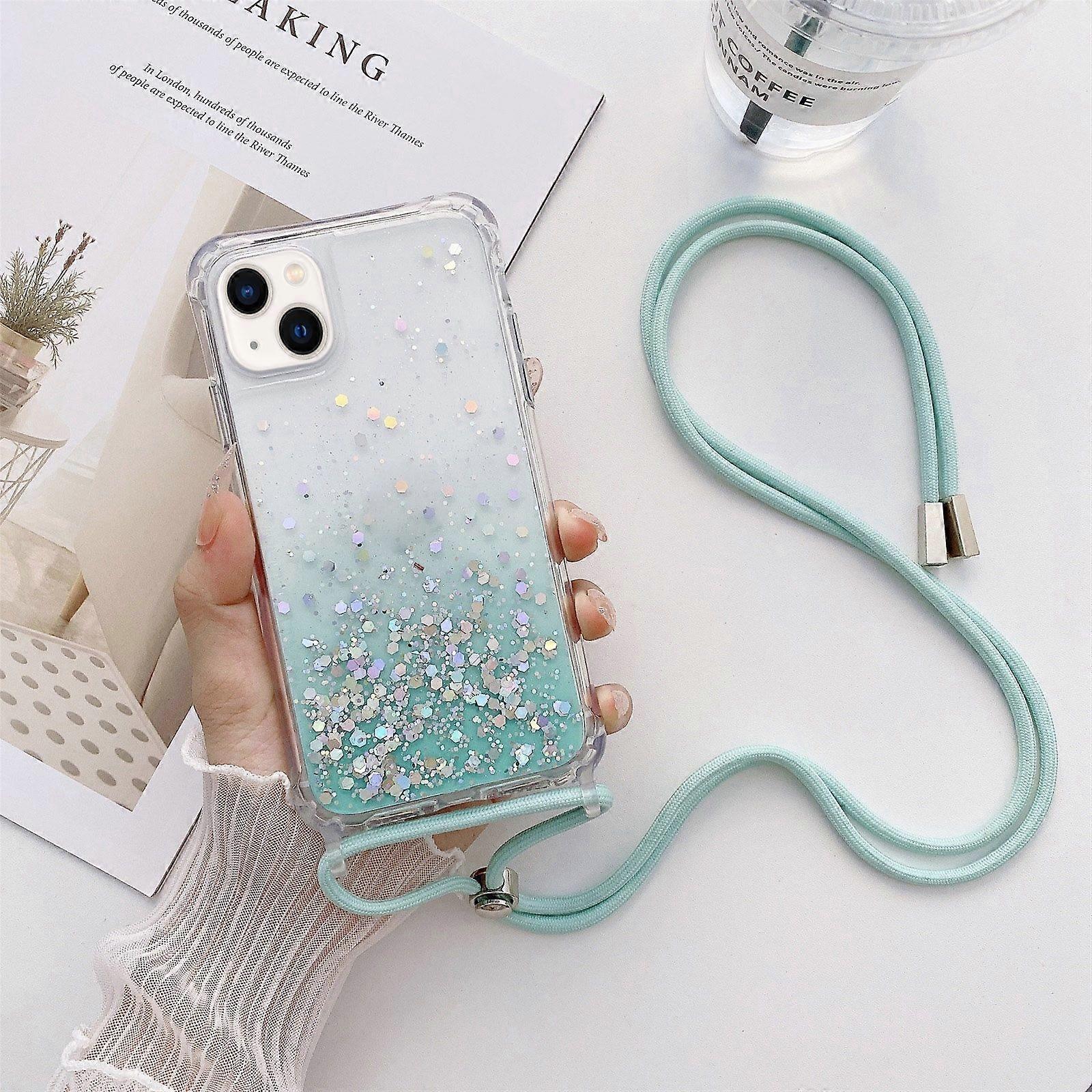 For iPhone 14 Plus Lanyard Gradient Glitter Epoxy Case