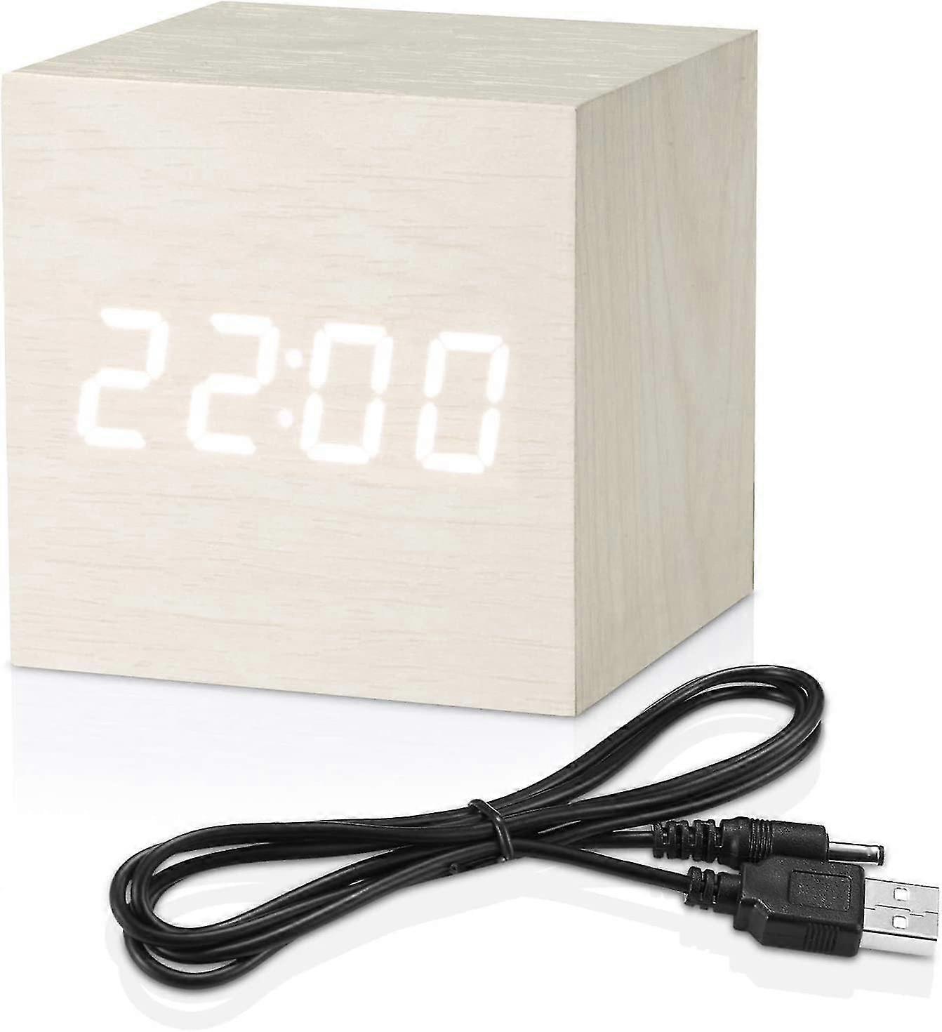 Digital Alarm Clock White, Led Light Mini Modern Cube Desk Alarm Clock Displays Time Date Temperature