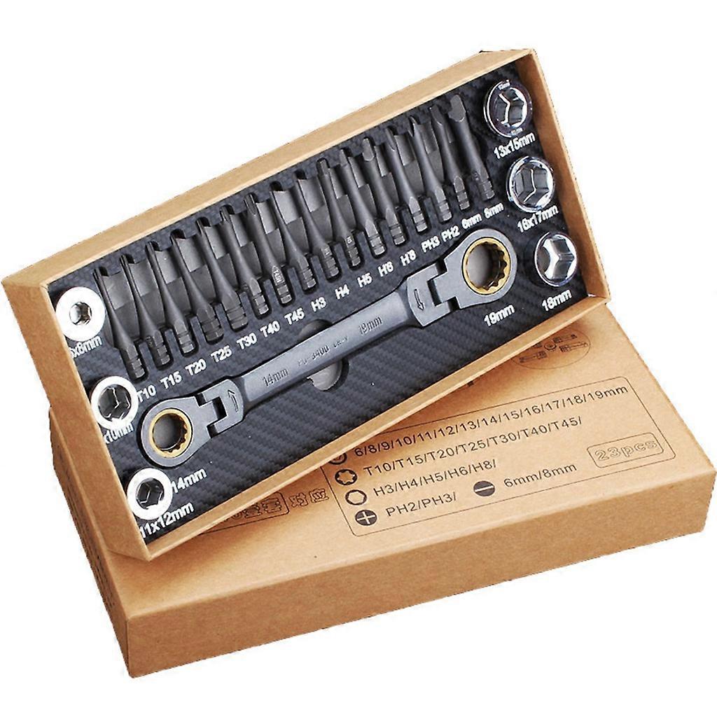 23pcs Ratchet Spanner Set CR-V Flexible-Head Wrench Socket 16 Screwdriver Bits