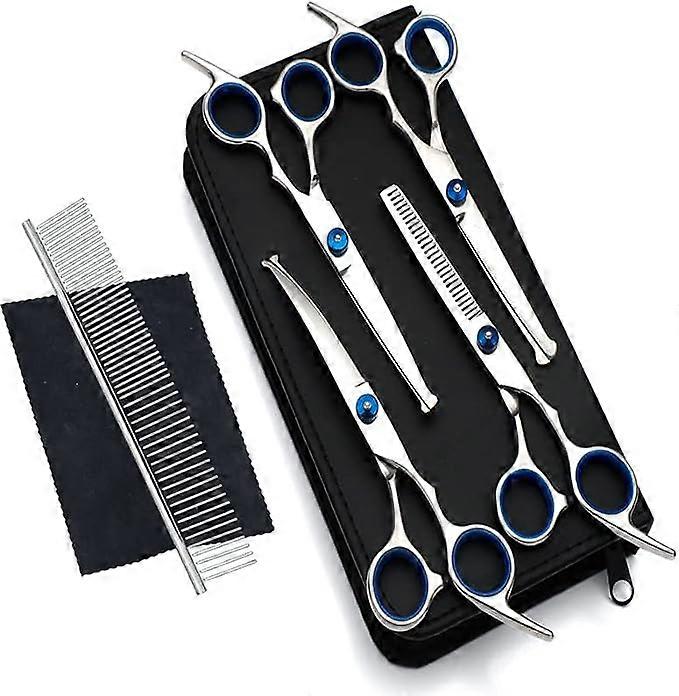 طقم مقص العناية بالكلاب - نصائح أمان مستديرة من الفولاذ المقاوم للصدأ مقص ترقق مقص منحني مقص مستقيم مشط حلاقة (أزرق)