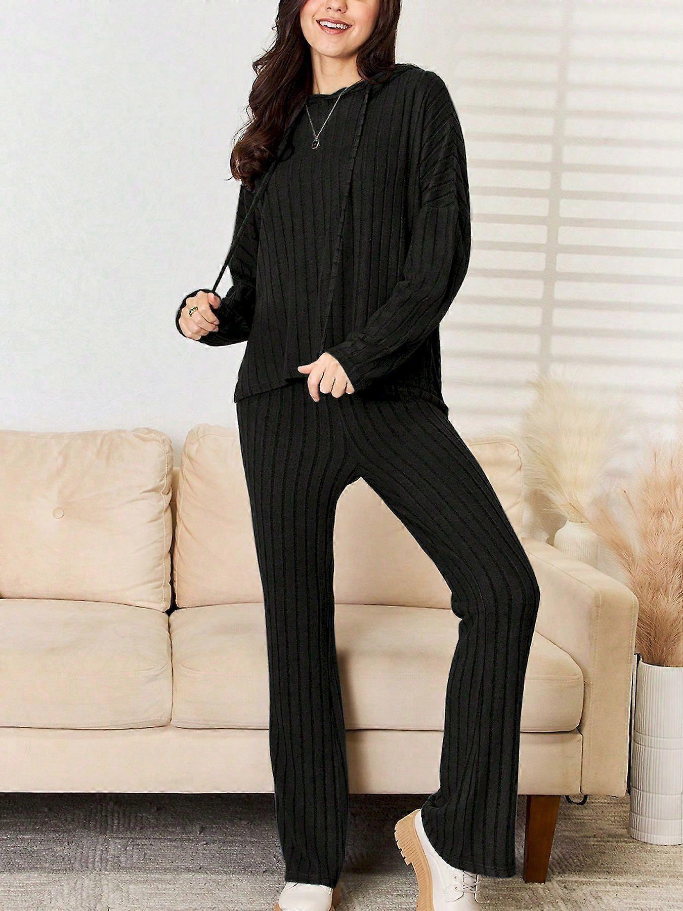 Women's Casual Two-Piece Set Lounge Ribbed Drawstring Hooded Pullover Top And Straight Pants Pants Set Burgundy Knit Long-Sleeve Pull-On Relaxed Fit C