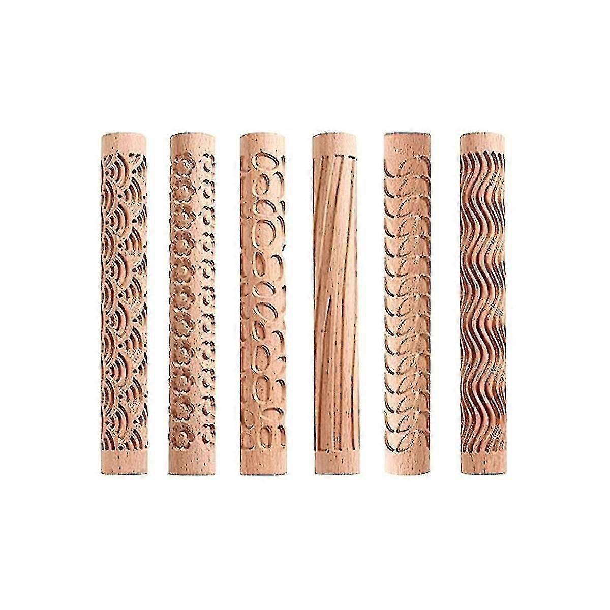 6 Wood Clay Modeling Pattern Rollers Kit, Clay Rolling Pin Textured Hand Roller Wooden Handle Pottery Tools Set
