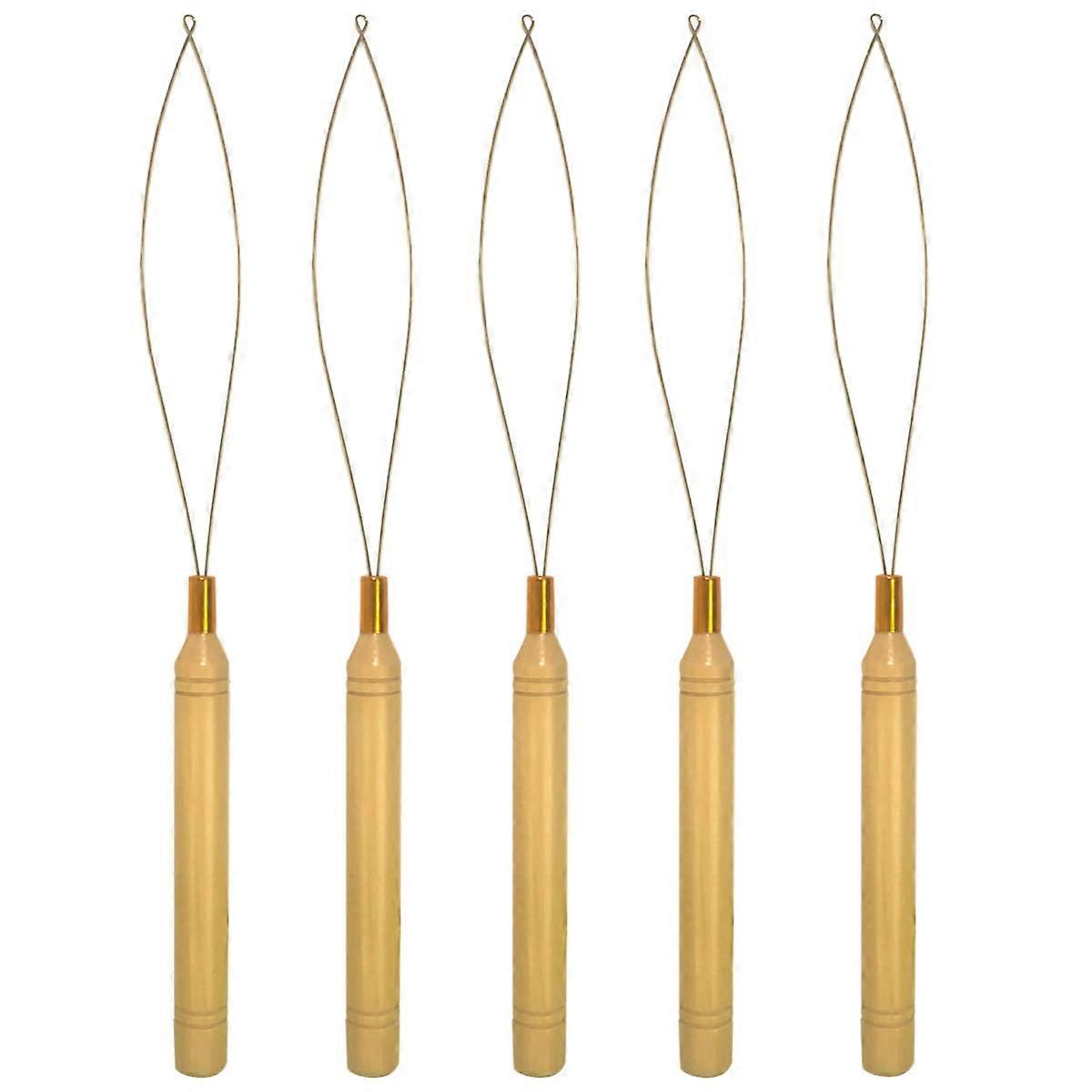 5Pcs Needle Threaders with Wooden Handle for Hair Pull Through and Loop Styling, Durable Sewing Tools for Embroidery and Crafting