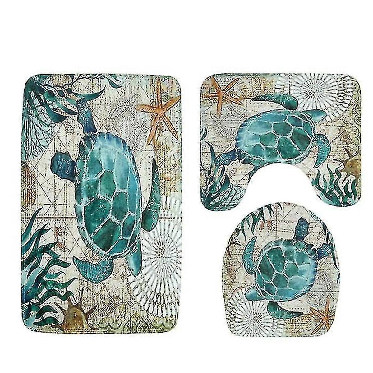 3-teiliges Set mit rutschfester, weicher Badematte mit Meerestier-Print, Badezimmer-Set, WC-Toilettendecke