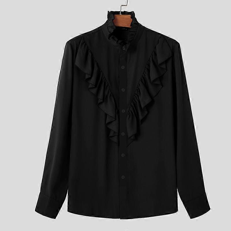 INCERUN Men Turtleneck Ruffled Long Sleeve Shirt Button Down Flounce Tops
