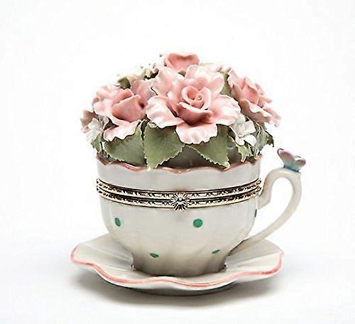 80048 Fine Porcelain Pink Rose Butterfly Cup and Saucer Hinged Music Box Figurine (Tune: Everything is Fine), 4-1/2 in.