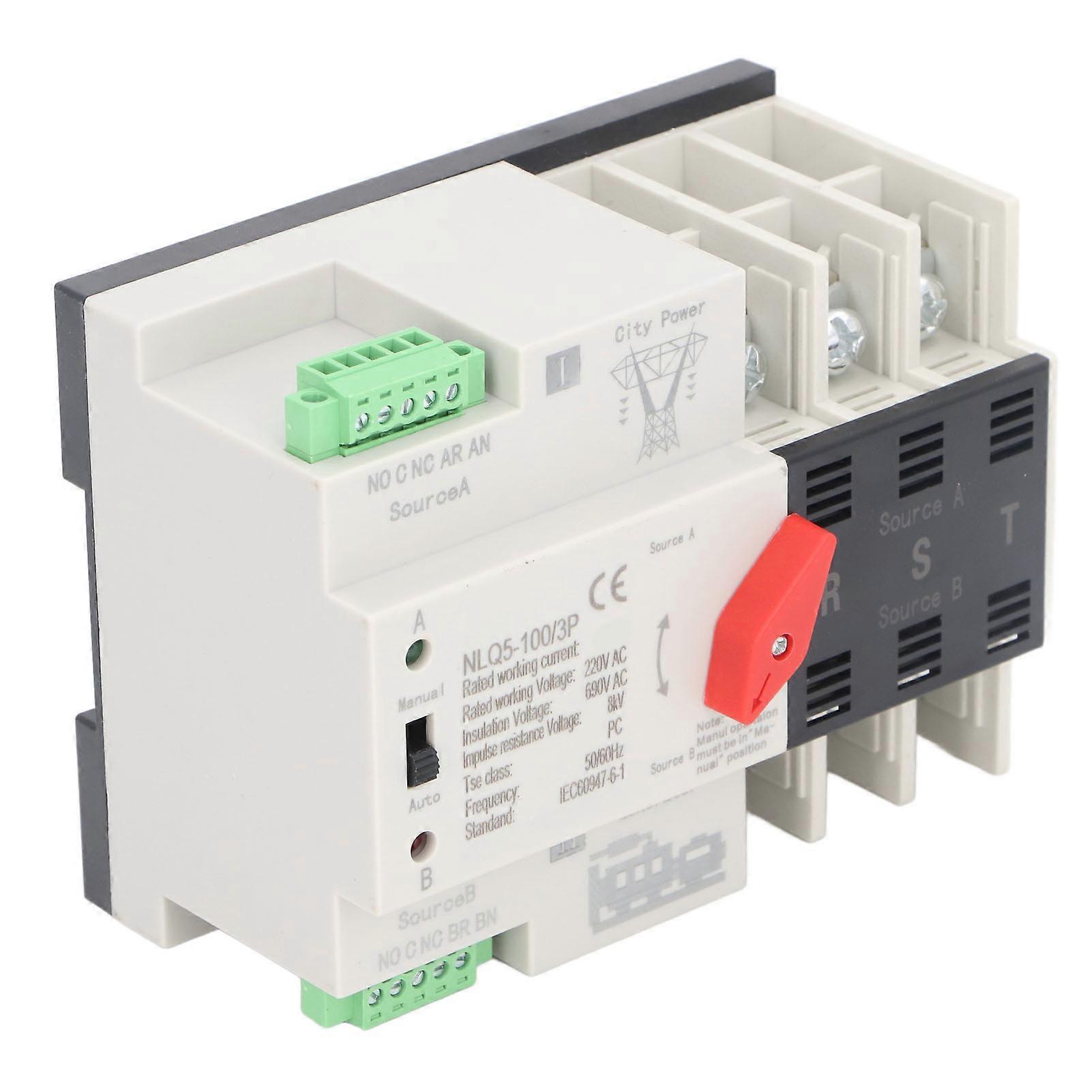 Dual Power Automatic Transfer Switch 3P Millisecond Fast Switching Timing Controller AC220V Rail Type ATS Mains to Motor 63A
