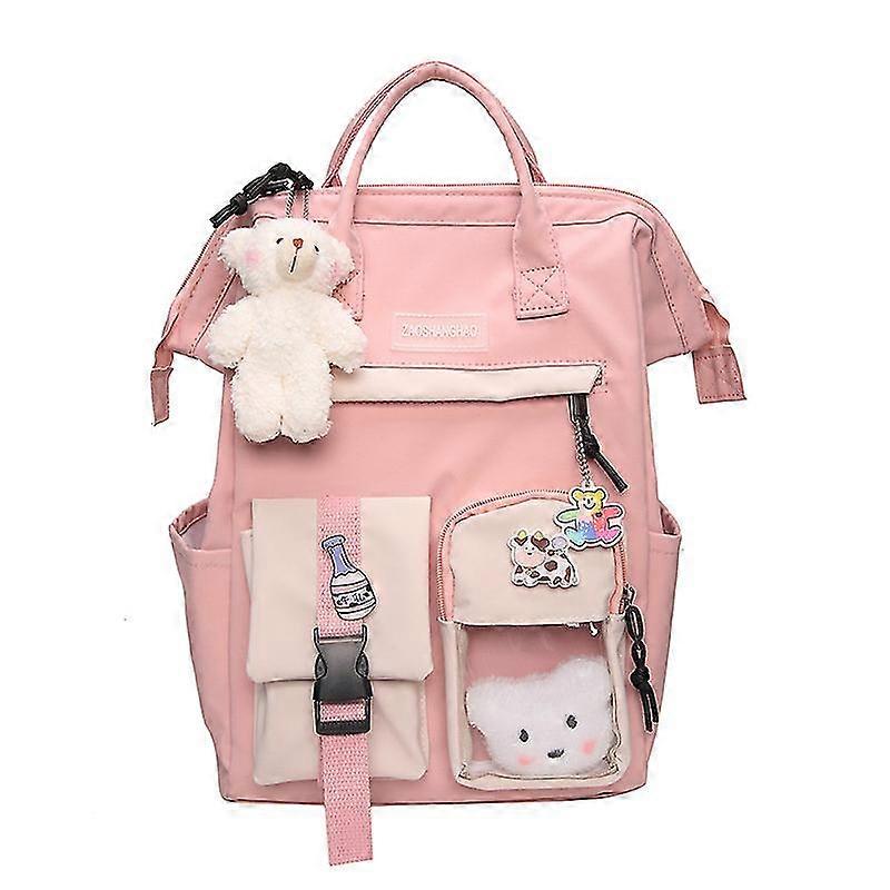 Backpack, Pink, Stylish, with Multiple Pockets and Cute Plush & Badge Decorations