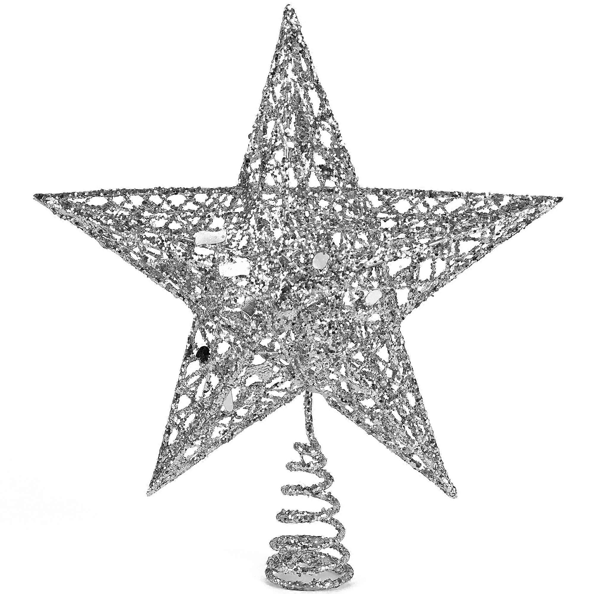 Silver Star Tree Topper 9" - Glitter Sparkle Christmas Ornament Holiday Decor Silver Color 3D Design for XMAS Tree