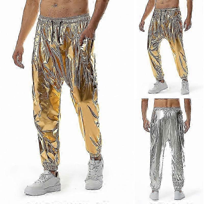 Men's Gold Shiny Jogging Sports Pants European Code Men's Casual Loose Trousers