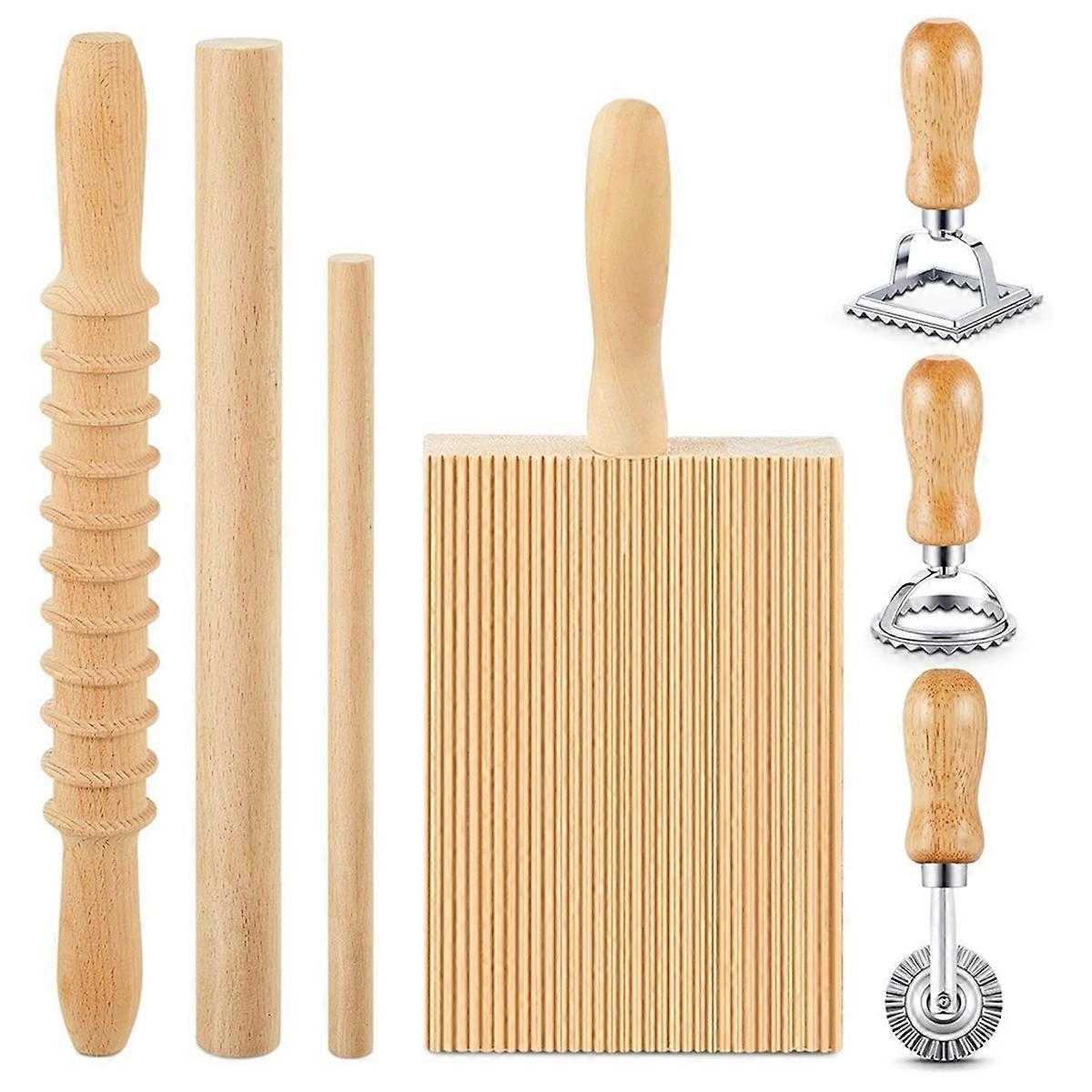 7 Pcs Pasta Making Tool, Wood Gnocchi Board with Ravioli Stamp and Rolling Pin Set, Pasta Maker for